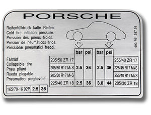 (New) 993 Carrera S Tire Pressure Decal - 1994-98
