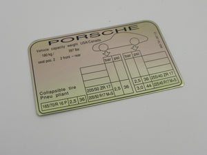 (New) 911/964 Turbo Tire Pressure Decal - 1989-94