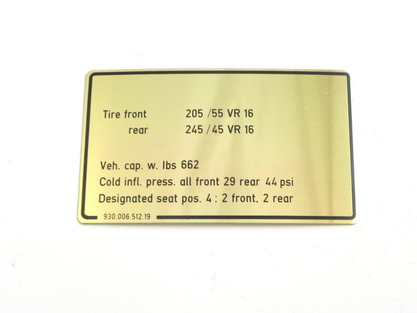 New) 911 Vehicle Capacities and Tire Pressure Decal - 1987-89
