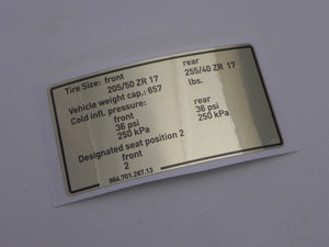 (New) 964/Turbo Tire Pressure and Capacities Decal - 1989-94