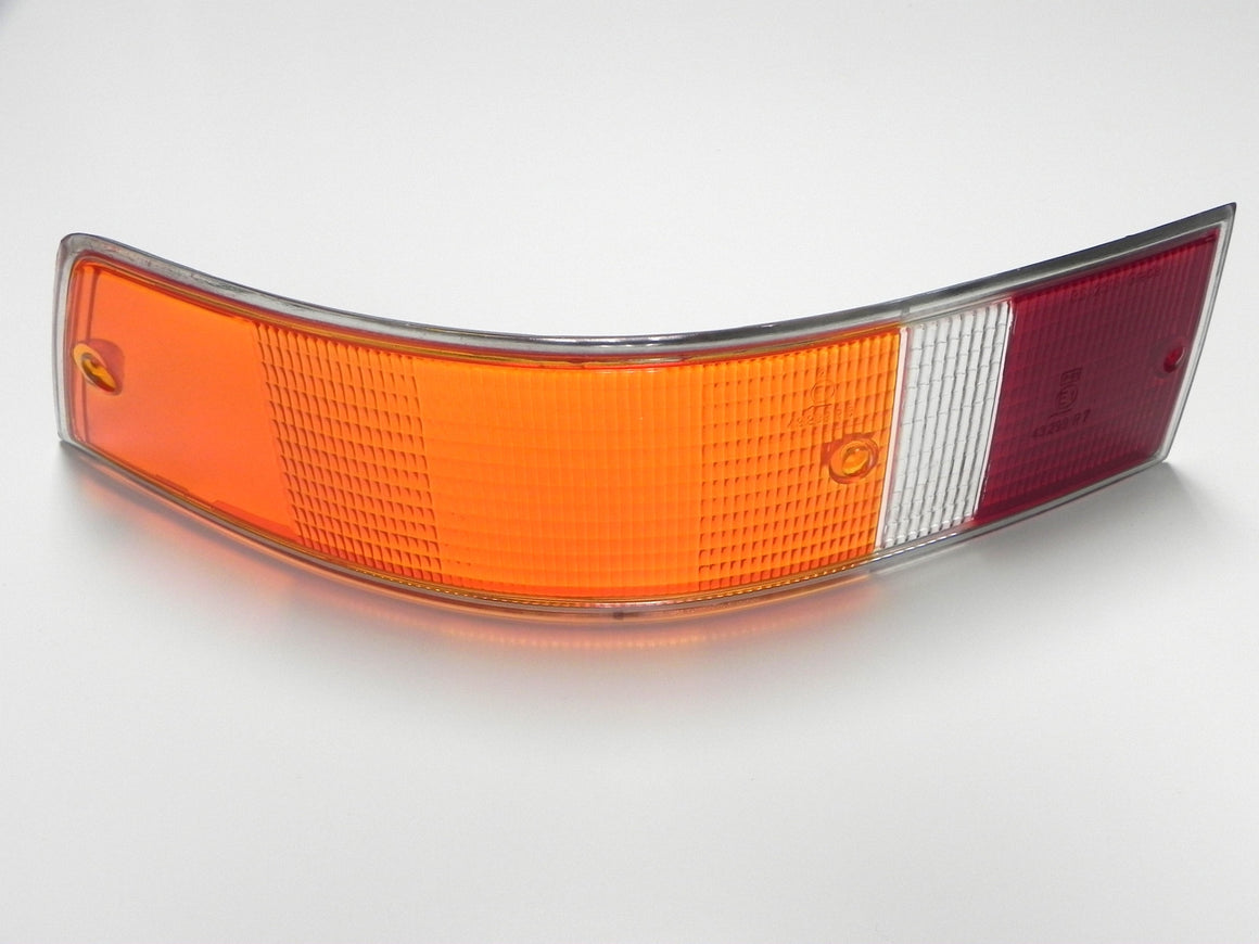 (New) 911/912 Left Side Euro Amber/Red/Clear Tail Light Lens with Silver Trim - 1969-72