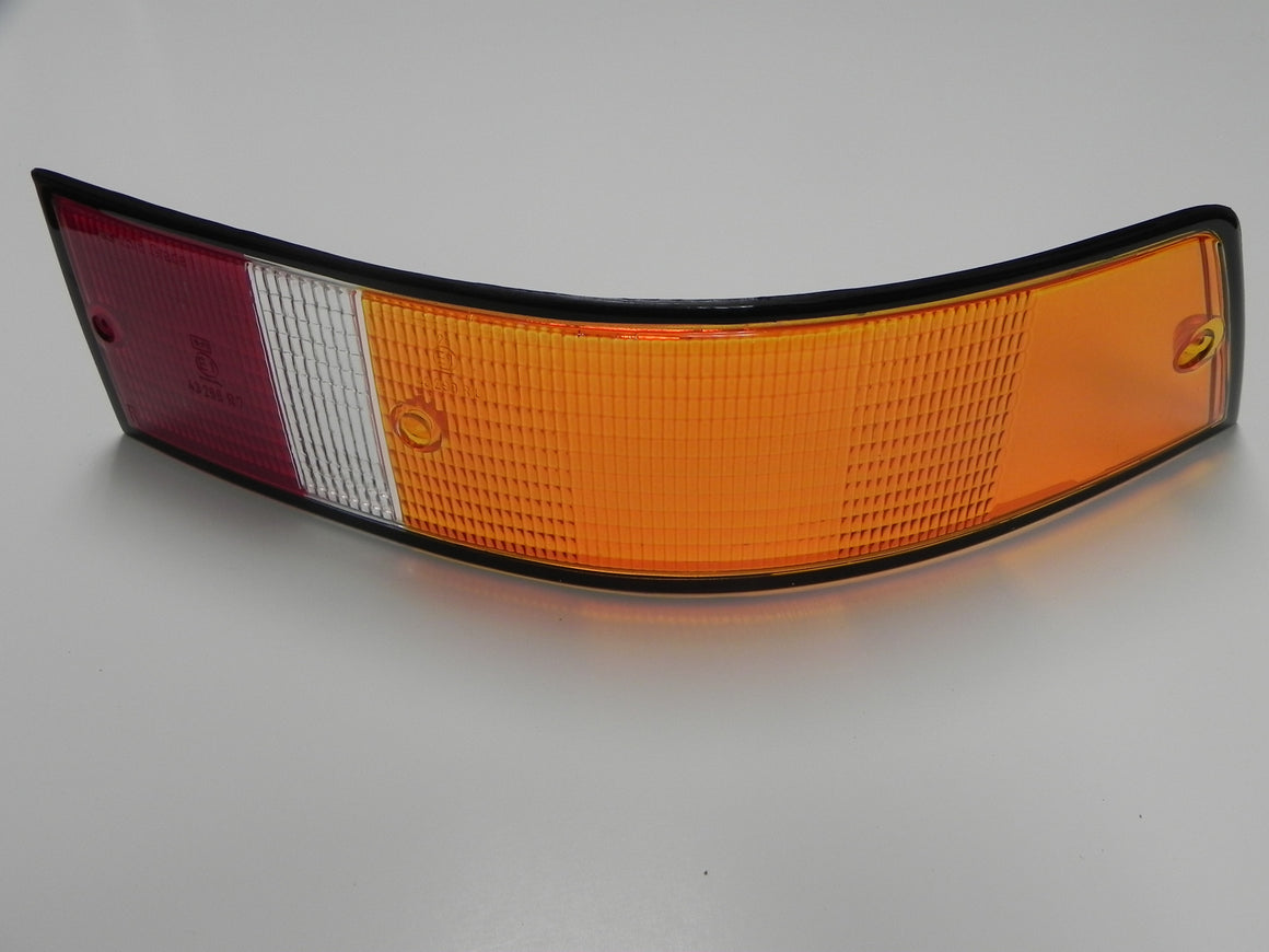 (New) 911/912/930 Right Side Euro Amber/Red/Clear Tail Light Lens with Black Trim - 1973-89
