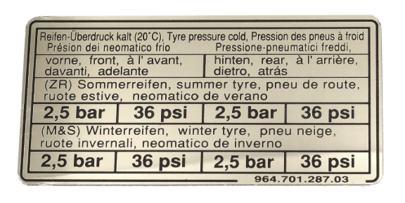 (New) 944/968 Tire Capacity Decal - 1989-95