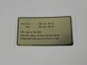 (New) 911 Carrera 15" Tire Pressure Decal  - 1984-89