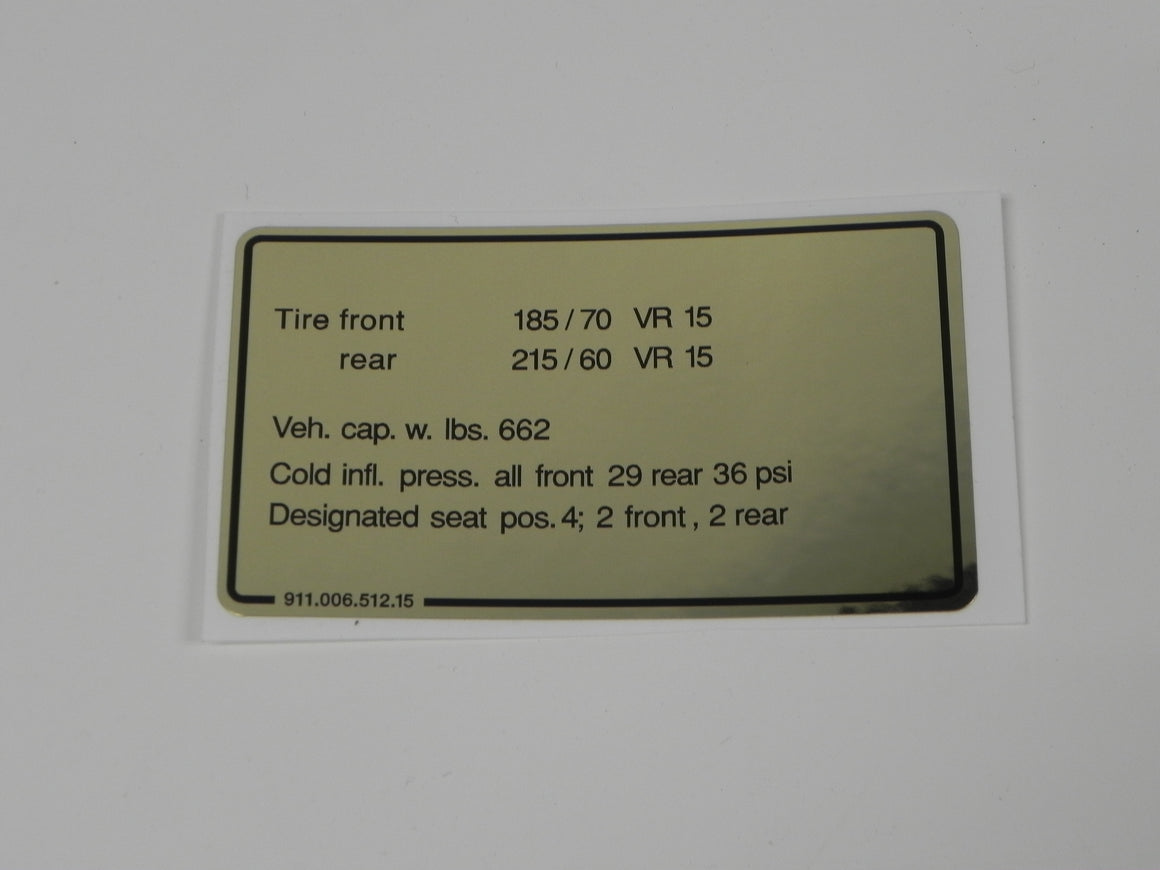 (New) 911 Carrera 15" Tire Pressure Decal  - 1984-89