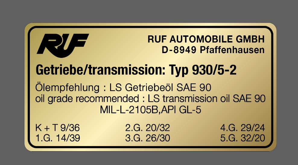 (New) RUF Transmission Oil Decal