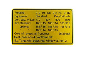 (New) 911/912 Vehicle Capacities and Tire Pressure Decal - 1969