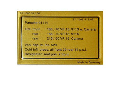 (New) 911 S/Carrera 2.7 Vehicle Capacities and Tire Pressure Decal - 1 ...