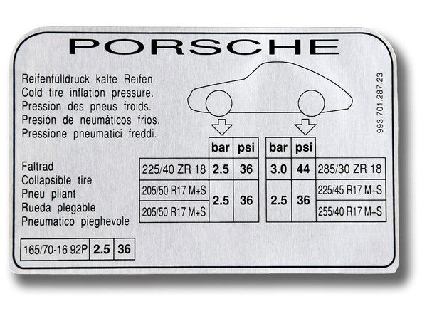 (New) 993 Carrera 4S Tire Pressure Decal - 1994-98