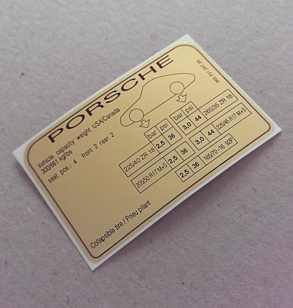 (New) 964 Tire Pressure and Capacities Decal - 1989-94