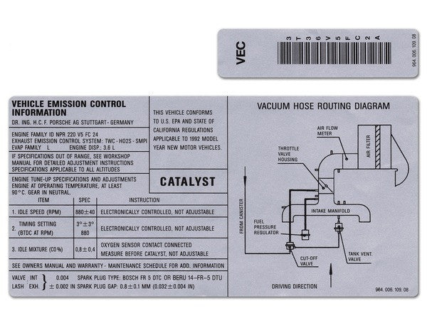 (New) 964 Carrera Exhaust Settings Sticker - 1992