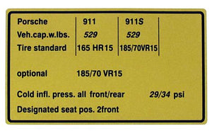 (New) 911 Vehicle Capacity and Tire Pressure Decal - 1974