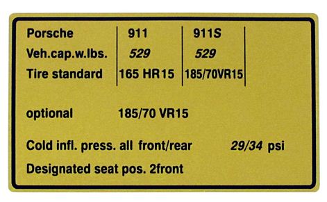 (New) 911 Vehicle Capacity and Tire Pressure Decal - 1974