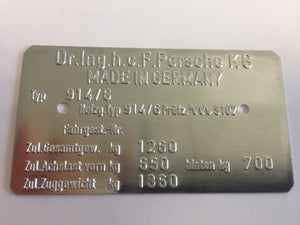 (New) 914/6 Chassis ID Plate - 1970-72
