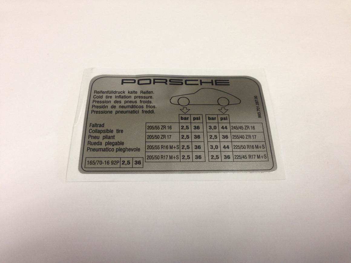 (New) 993 Coupe/Cabrio/Targa Tire Pressure Decal - 1994-96