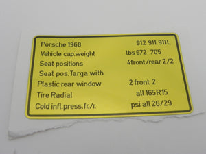 (New) 911/912 Vehicle Capacities Decal - 1968