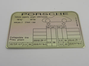 (New) 911/964 Turbo Tire Pressure Decal - 1989-94
