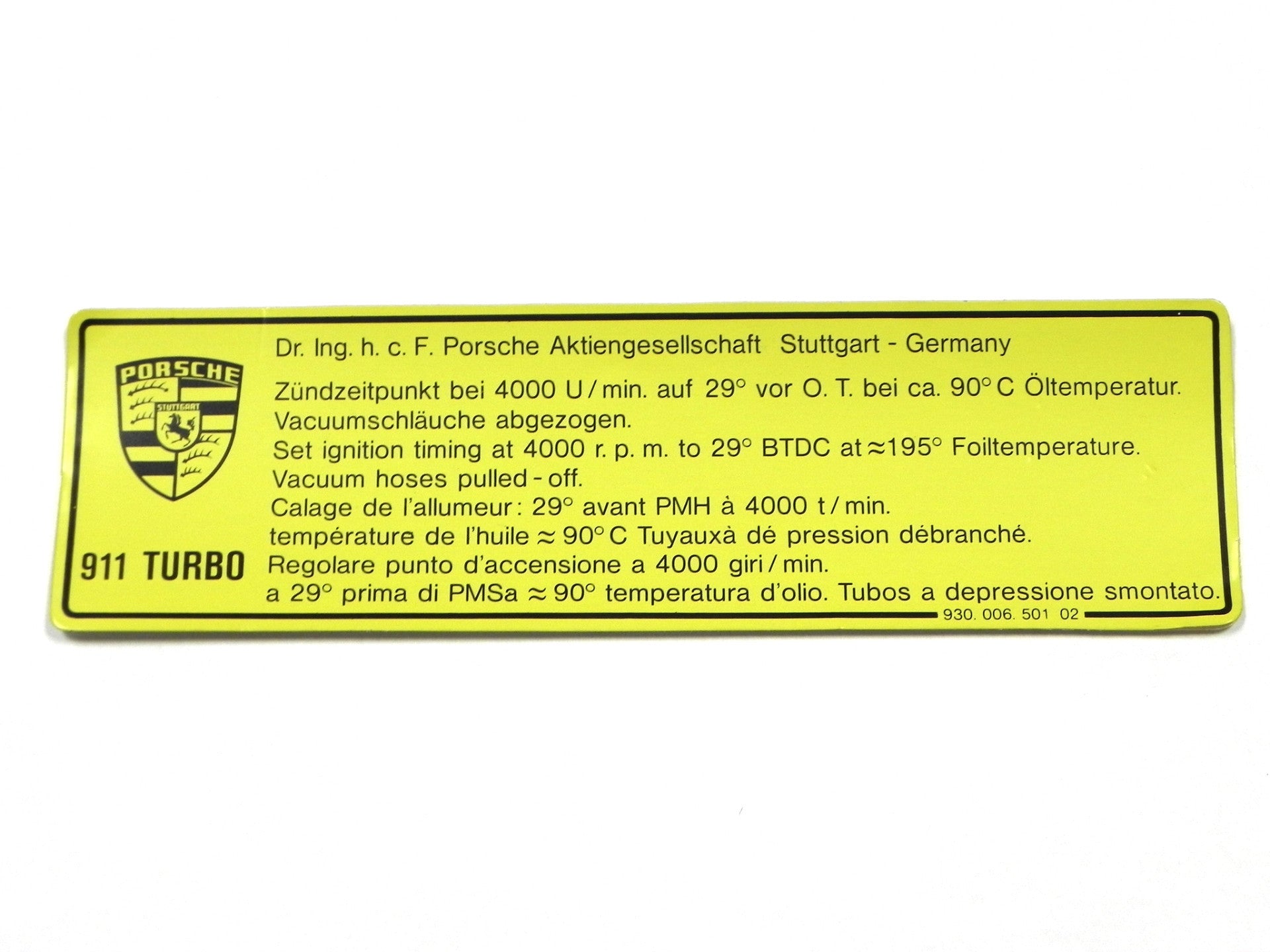 Engine Timing Sticker (New) 911 Turbo Timing Decal - 1983-89 - AASE Sales