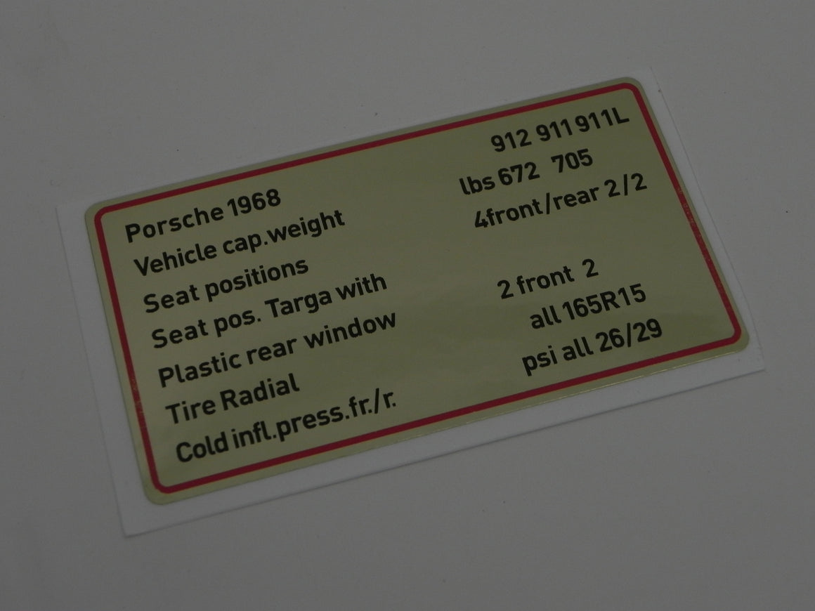 (New) 911/912 Red Bordered Tire Capacities and Pressure Decal - 1968