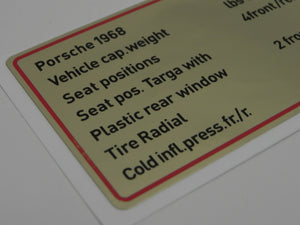 (New) 911/912 Red Bordered Tire Capacities and Pressure Decal - 1968