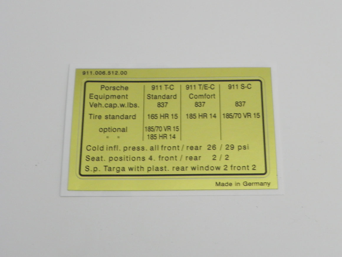 (New) 911 Vehicle Capacities and Tire Pressure Decal - 1969