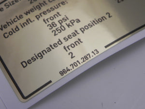 (New) 964/Turbo Tire Pressure and Capacities Decal - 1989-94