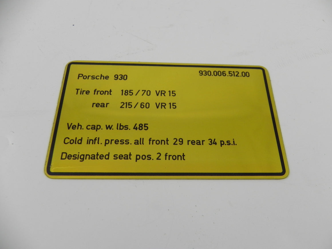 (New) 930 Tire Pressure Size Decal - 1975-77
