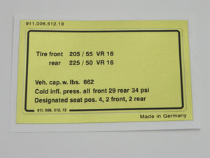 (New) 911 Tire Pressure Decal - 1981-86