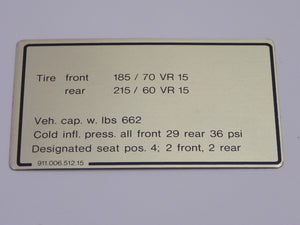 (New) 911 Carrera 15" Tire Pressure Decal  - 1984-89