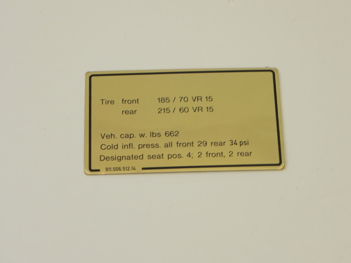 (New) 911SC Tire Pressure Decal - 1981-83