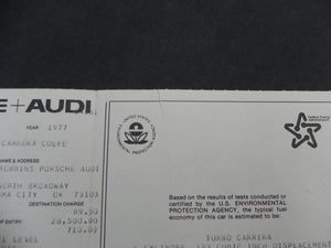 (Original) 1977 930 Turbo Carrera Window Sticker