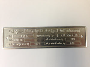 (New) 911 S Chassis ID Plate - 1967-69